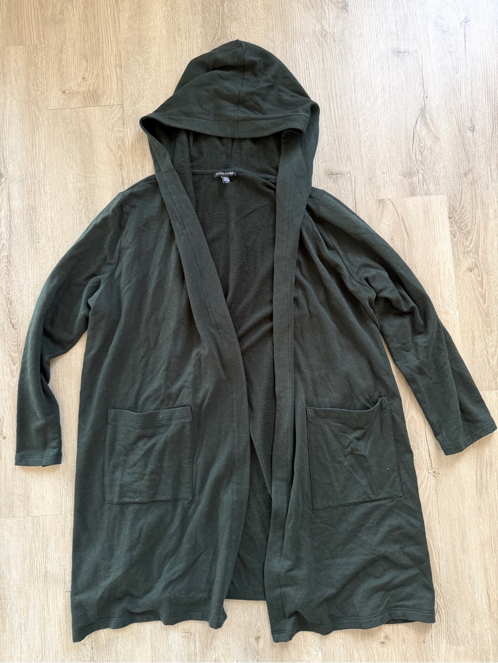 Eileen Fisher Hooded Open Front Cardigan - Dark Green Large